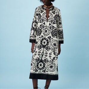 Zara Kaftan Aztec Print Midi Dress Sz Medium‎ Black White Ibiza Cover Up
